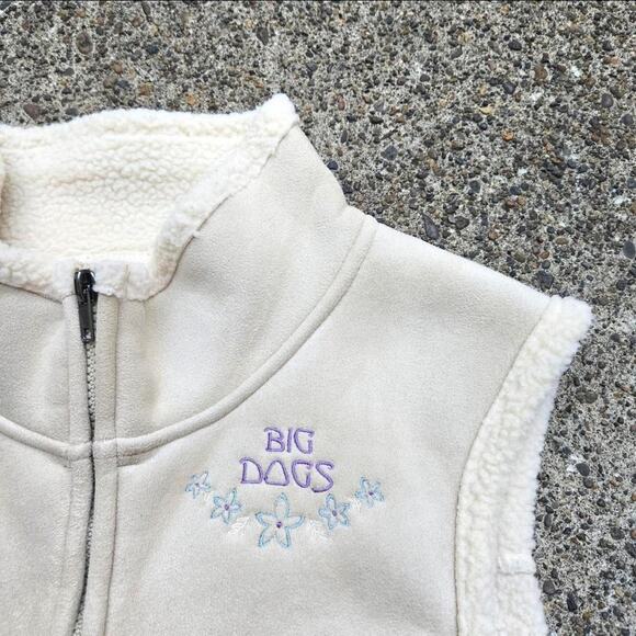 Vtg 90s Y2k BIG DOGS Floral Logo Suede Deep Pile Fleeced Lined Zip Up Vest XL - Picture 2 of 5